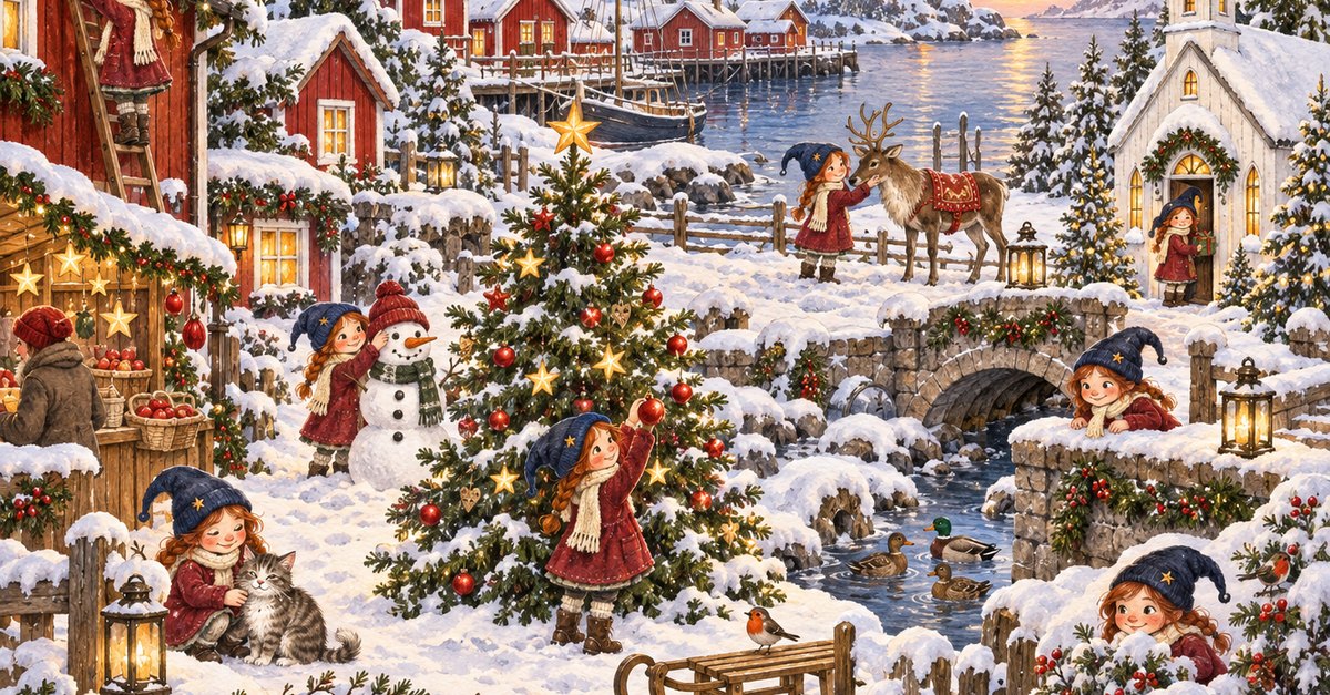 Ein wimmeliges Winterbild mit vielen kleinen Szenen: verschneite Häuser, ein Weihnachtsbaum, eine Brücke und zahlreiche Figuren