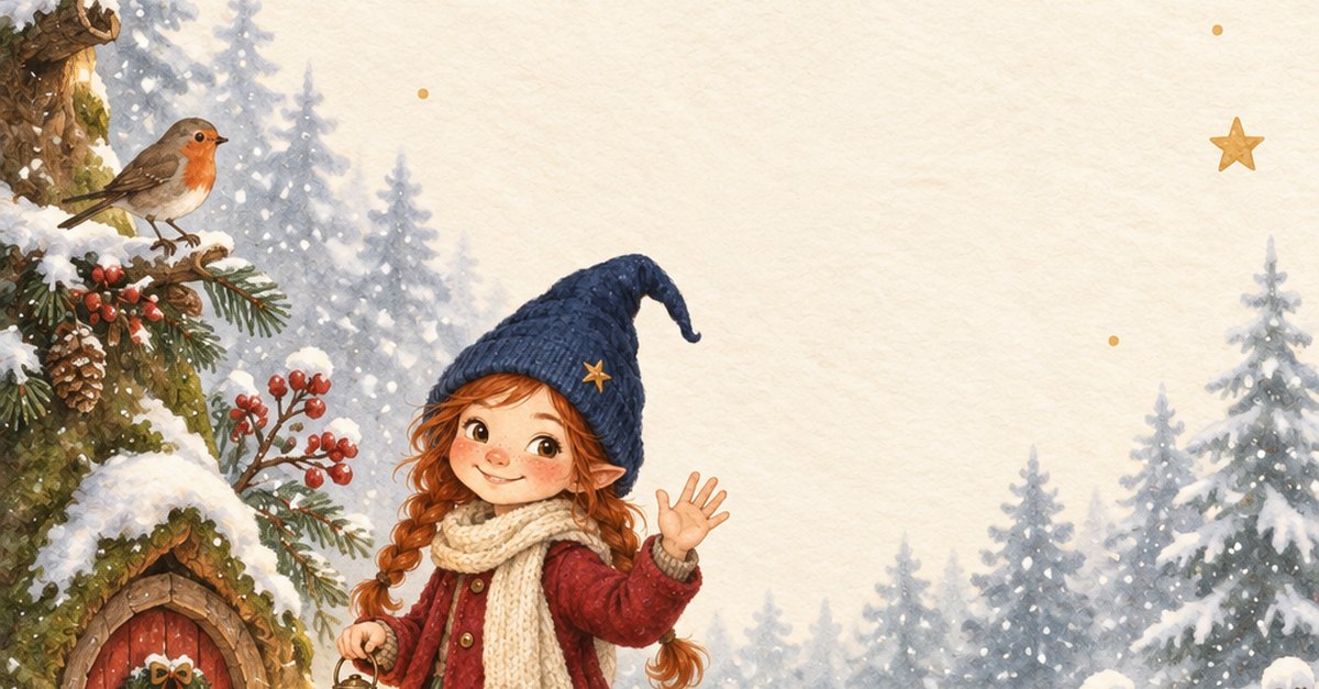 Ein Mädchen mit blauer Zipfelmütze und rotem Mantel geht mit einer Laterne durch eine verschneite Winterlandschaft