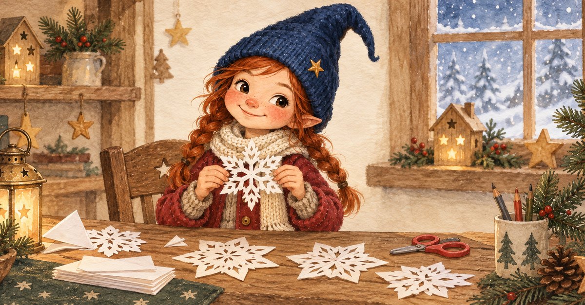 Ein Mädchen mit blauer Zipfelmütze schneidet an einem Tisch Papierschneeflocken aus, daneben liegen Schere und Sterne