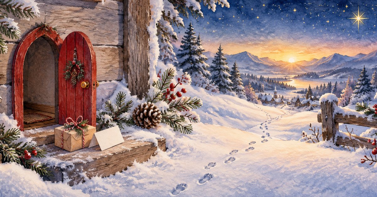 Eine kleine rote Tür steht im Schnee vor einer verschneiten Winterlandschaft, davor liegt ein Brief und es sind Fußspuren zu sehen