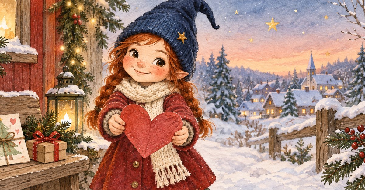 Ein Mädchen mit blauer Zipfelmütze hält ein großes rotes Herz aus Papier vor sich, dahinter eine verschneite Winterlandschaft
