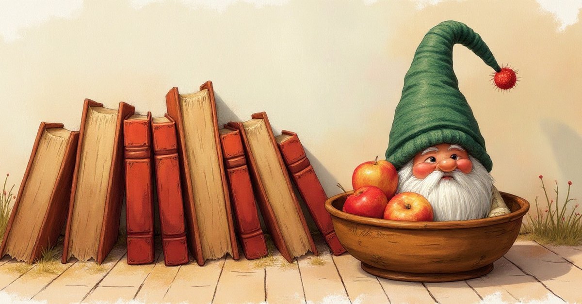 Ein Wichtel mit grüner Zipfelmütze sitzt in einer Obstschale neben einer Reihe aufgestellter Bücher