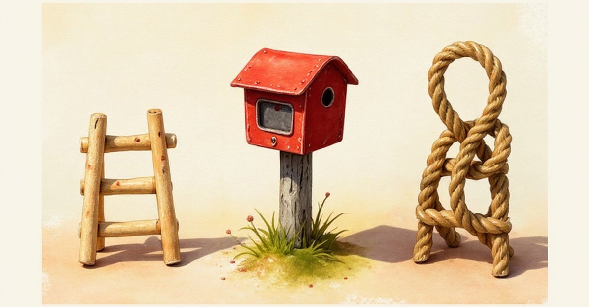 Eine kleine Holzleiter, ein roter Miniatur-Briefkasten auf einem Pfosten und eine geknotete Strickleiter stehen nebeneinander