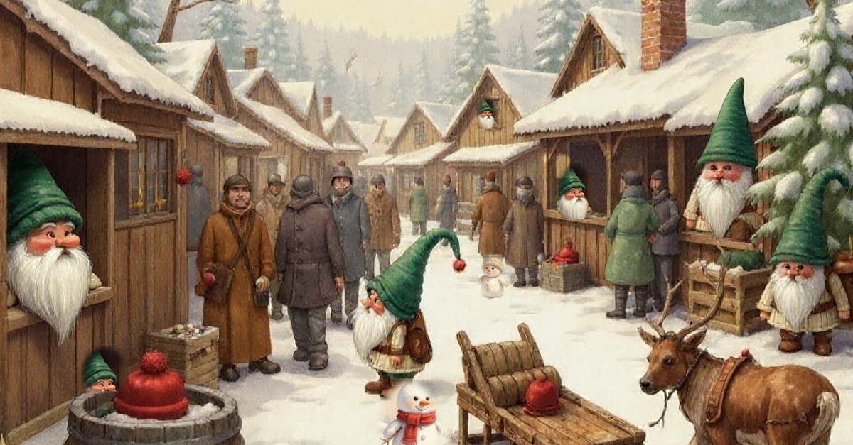 Ein wimmeliges Winterbild eines verschneiten Dorfes mit Marktständen, Menschen, einem Rentier und mehreren versteckten Wichteln