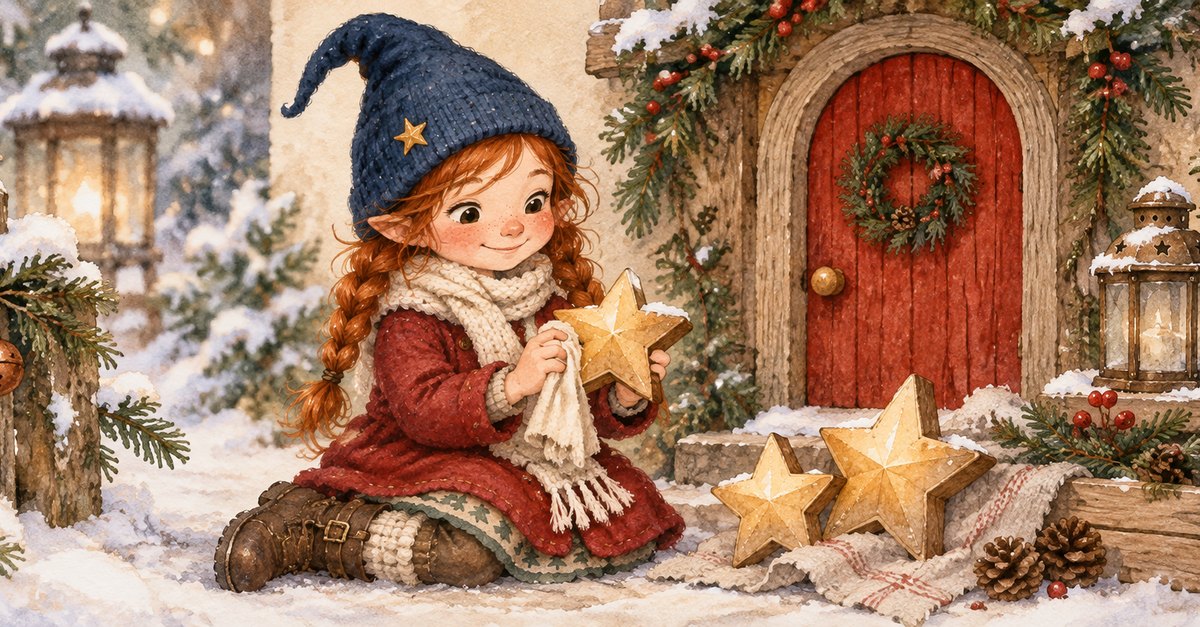 Ein Mädchen mit blauer Zipfelmütze kniet im Schnee und hält goldene Sterne in der Hand