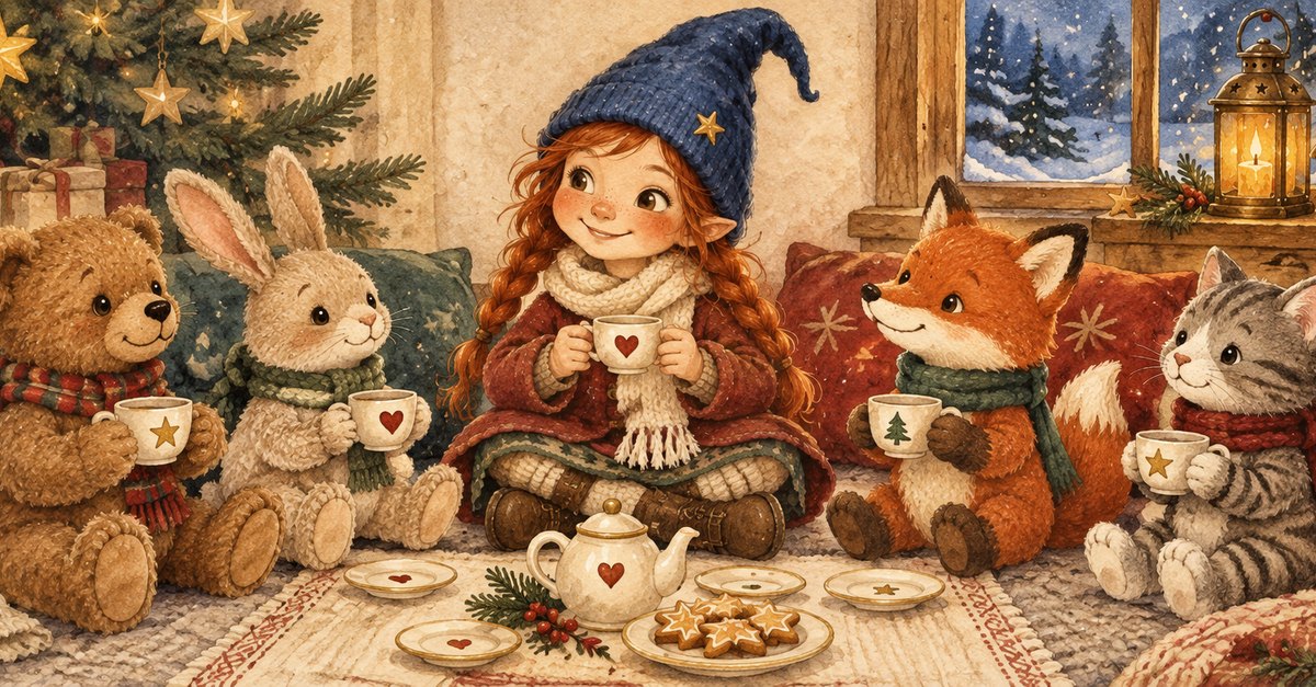 Ein Mädchen mit blauer Zipfelmütze sitzt mit Teddy, Hase, Fuchs und Katze im Kreis, in der Mitte steht Geschirr