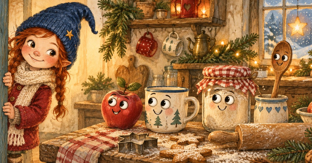 In einer Küche haben Tassen, ein Apfel und ein Marmeladenglas über Nacht Wackelaugen bekommen, ein Mädchen betrachtet sie staunend