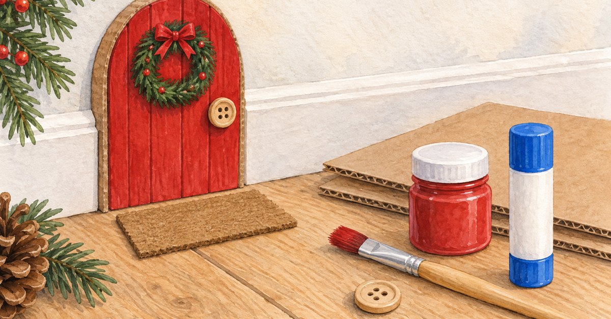 Eine kleine rote Wichteltür liegt auf einem Holzboden neben einer Fußmatte, einem Klebestift, einem Farbtopf und einem Pinsel