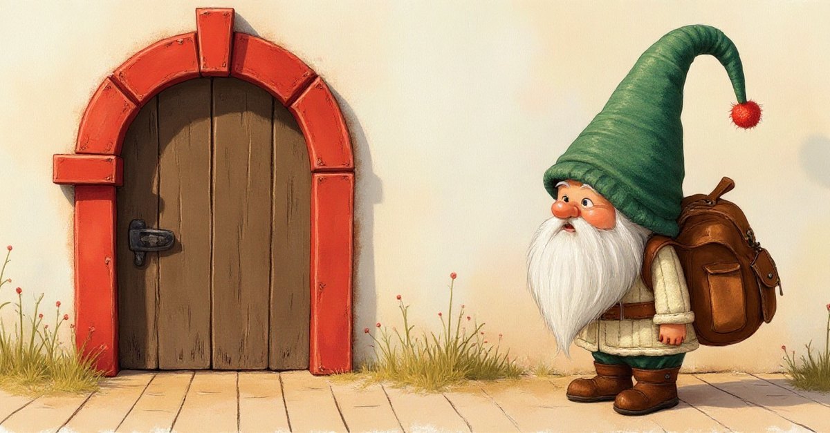 Eine kleine Wichteltür mit rotem Steinbogen in einer hellen Wand, daneben steht ein Wichtel mit grüner Zipfelmütze und einem Lederrucksack auf dem Rücken