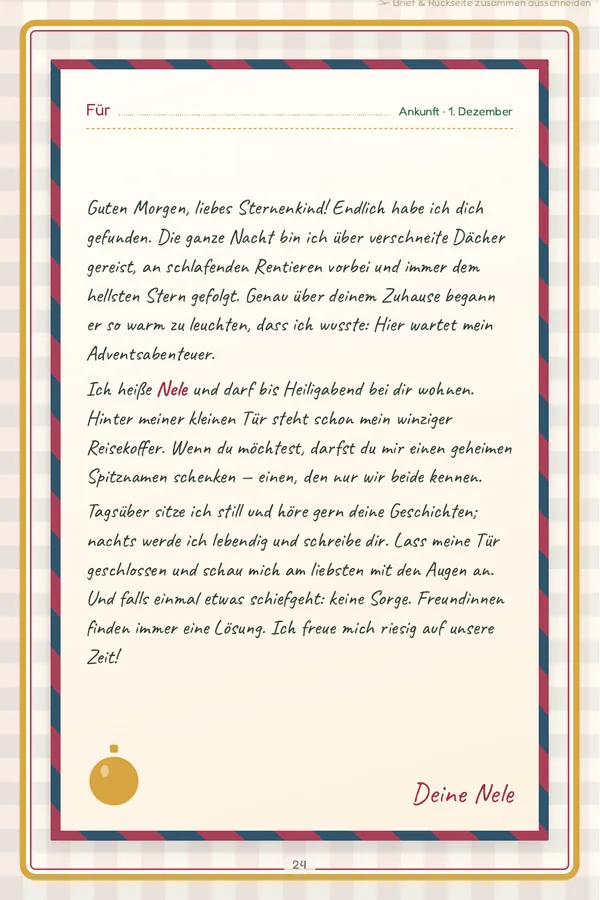 Innenseite: ein Wichtelbrief in Handschrift auf hellem Papier mit rotem Rahmen